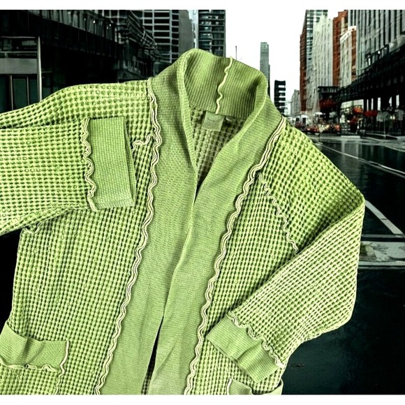 Focus Cardigan Women‎ M Green Waffle Knit Distressed Grunge Lagenlook Boho Chore - Picture 1 of 15